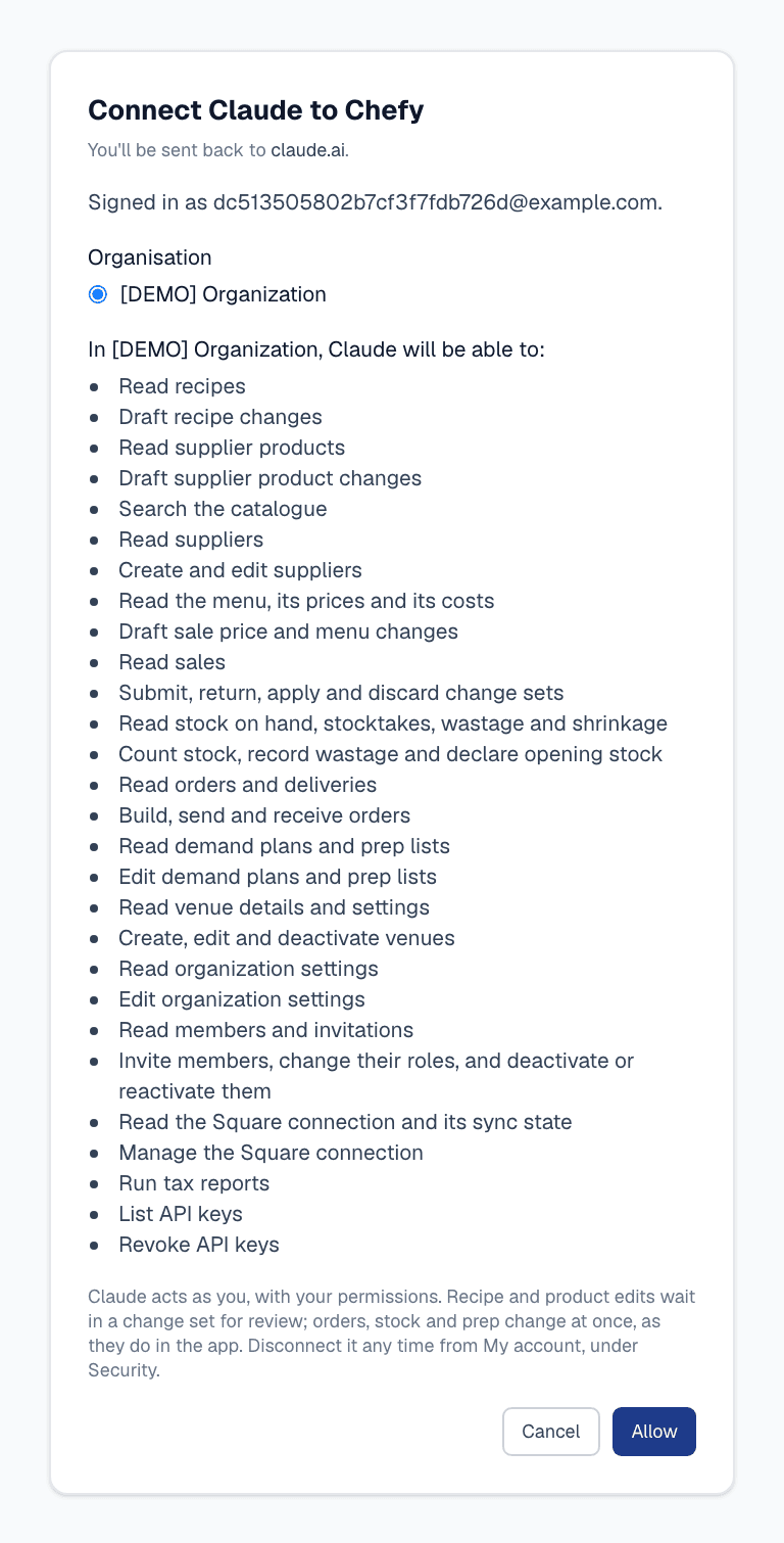 Chefy's Connect Claude to Chefy screen, with the organisation chosen, the list of what Claude will be able to do, and the Cancel and Allow buttons