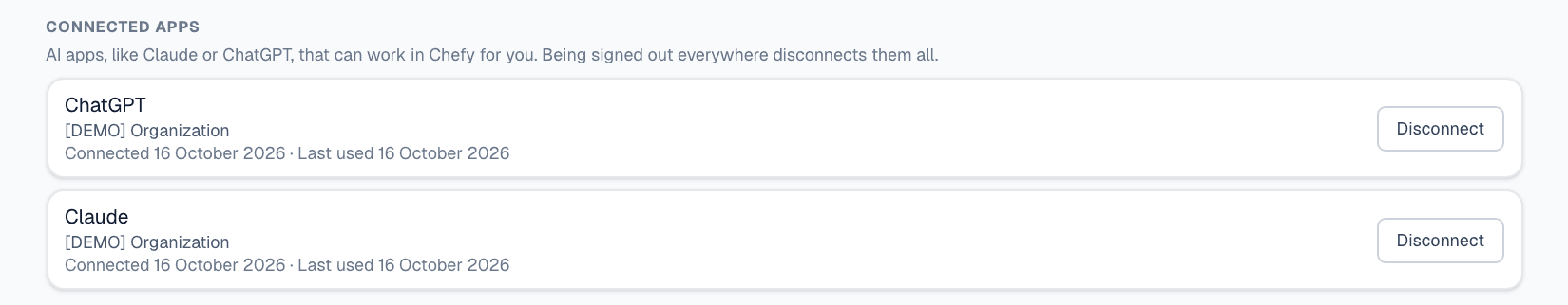 Connected apps on the Security tab of My Account, listing ChatGPT and Claude with their organisation, when each was connected and last used, and a Disconnect button for each